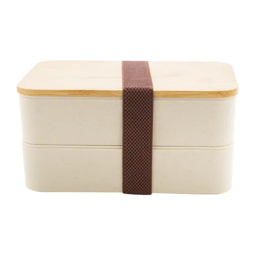 Porta pranzo a 2 scomparti contenitore e posate in plastica e coperchio bambù da 700ml