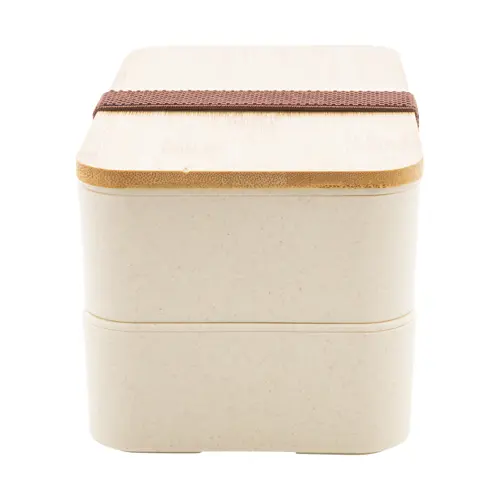 Porta pranzo a 2 scomparti contenitore e posate in plastica e coperchio bambù da 700ml