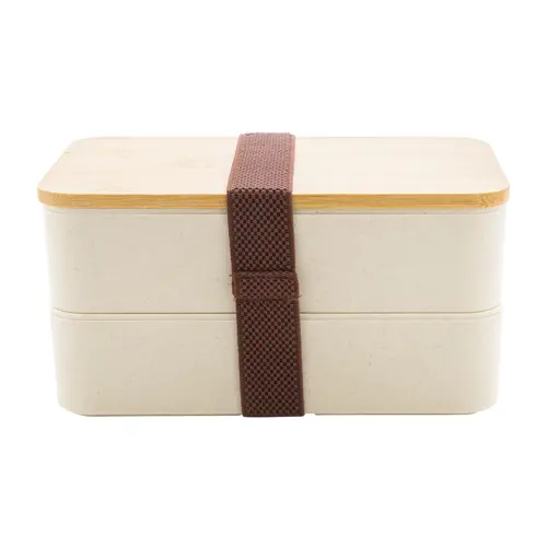 Porta pranzo a 2 scomparti contenitore e posate in plastica e coperchio bambù da 700ml