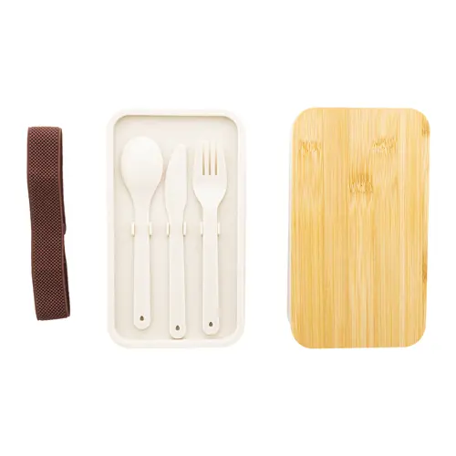 Porta pranzo a 2 scomparti contenitore e posate in plastica e coperchio bambù da 700ml
