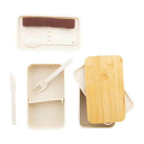 Porta pranzo a 2 scomparti contenitore e posate in plastica e coperchio bambù da 700ml