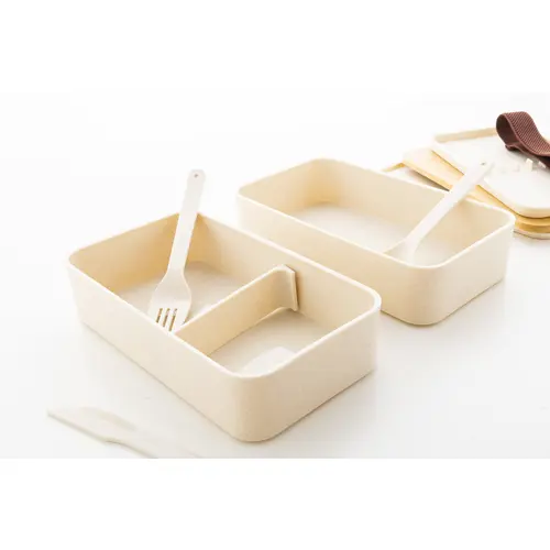 Porta pranzo a 2 scomparti contenitore e posate in plastica e coperchio bambù da 700ml