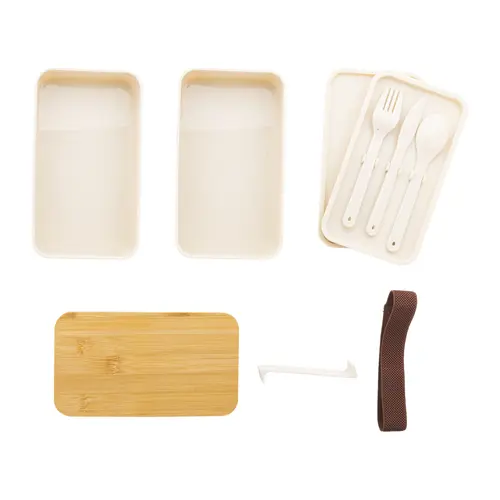 Porta pranzo a 2 scomparti contenitore e posate in plastica e coperchio bambù da 700ml