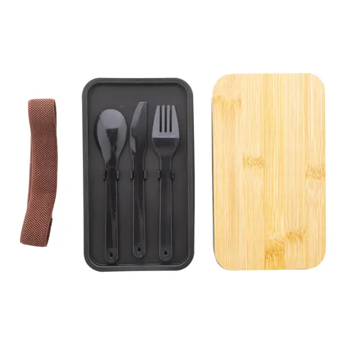 Porta pranzo a 2 scomparti contenitore e posate in plastica e coperchio bambù da 700ml