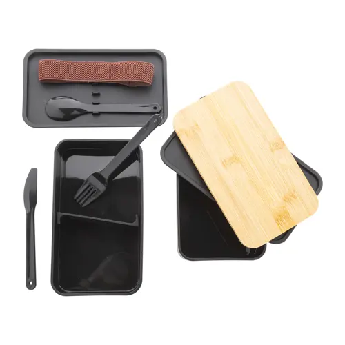 Porta pranzo a 2 scomparti contenitore e posate in plastica e coperchio bambù da 700ml