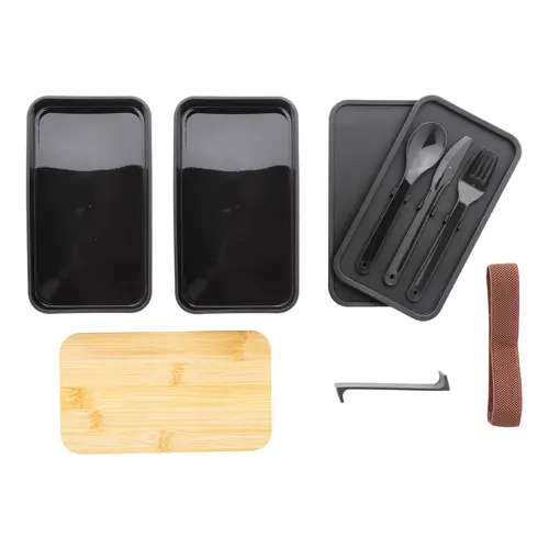 Porta pranzo a 2 scomparti contenitore e posate in plastica e coperchio bambù da 700ml