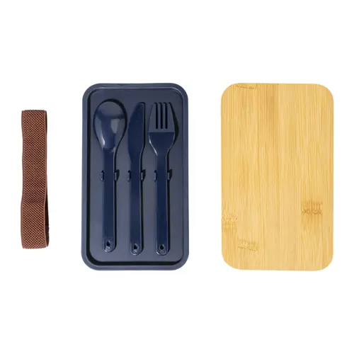 Porta pranzo a 2 scomparti contenitore e posate in plastica e coperchio bambù da 700ml