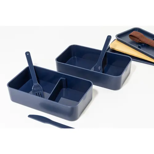 Porta pranzo a 2 scomparti contenitore e posate in plastica e coperchio bambù da 700ml