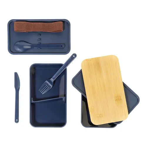 Porta pranzo a 2 scomparti contenitore e posate in plastica e coperchio bambù da 700ml