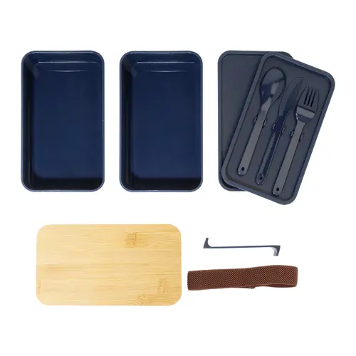 Porta pranzo a 2 scomparti contenitore e posate in plastica e coperchio bambù da 700ml
