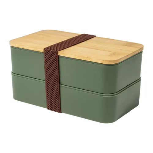 Porta pranzo a 2 scomparti contenitore e posate in plastica e coperchio bambù da 700ml