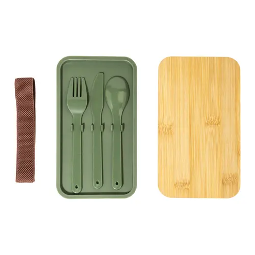 Porta pranzo a 2 scomparti contenitore e posate in plastica e coperchio bambù da 700ml