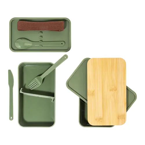 Porta pranzo a 2 scomparti contenitore e posate in plastica e coperchio bambù da 700ml