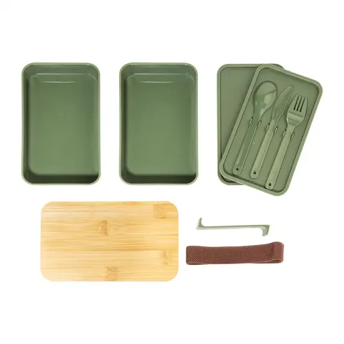 Porta pranzo a 2 scomparti contenitore e posate in plastica e coperchio bambù da 700ml