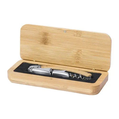 Cavatappi con apribottiglie in acciaio inox con manico e scatola di bambù