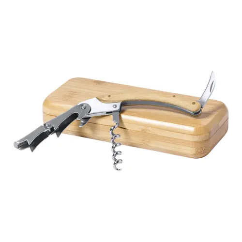 Cavatappi con apribottiglie in acciaio inox con manico e scatola di bambù