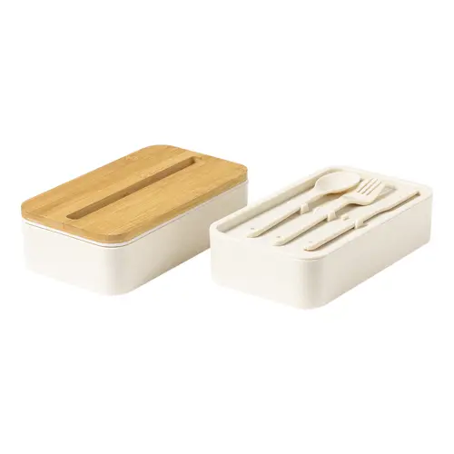 Porta pranzo a 2 scomparti da 700ml in plastica PP con set di posate coperchio in bambù e portacellulare