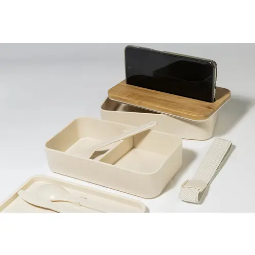 Porta pranzo a 2 scomparti da 700ml in plastica PP con set di posate coperchio in bambù e portacellulare