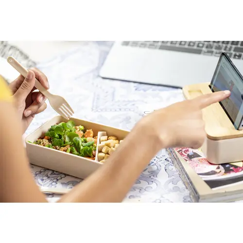 Porta pranzo a 2 scomparti da 700ml in plastica PP con set di posate coperchio in bambù e portacellulare