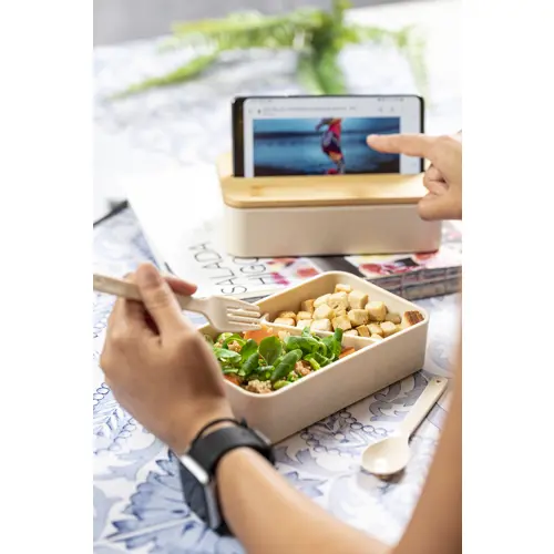 Porta pranzo a 2 scomparti da 700ml in plastica PP con set di posate coperchio in bambù e portacellulare