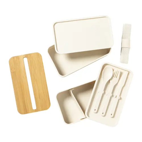 Porta pranzo a 2 scomparti da 700ml in plastica PP con set di posate coperchio in bambù e portacellulare