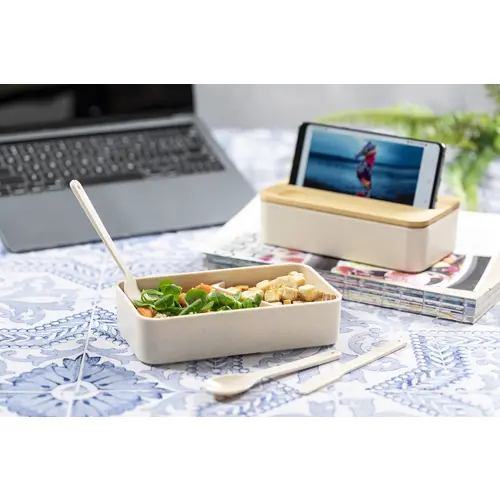 Porta pranzo a 2 scomparti da 700ml in plastica PP con set di posate coperchio in bambù e portacellulare