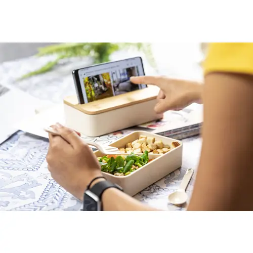 Porta pranzo a 2 scomparti da 700ml in plastica PP con set di posate coperchio in bambù e portacellulare