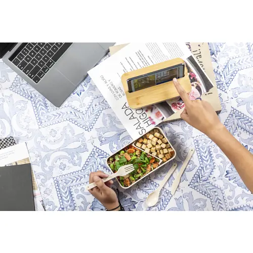 Porta pranzo a 2 scomparti da 700ml in plastica PP con set di posate coperchio in bambù e portacellulare