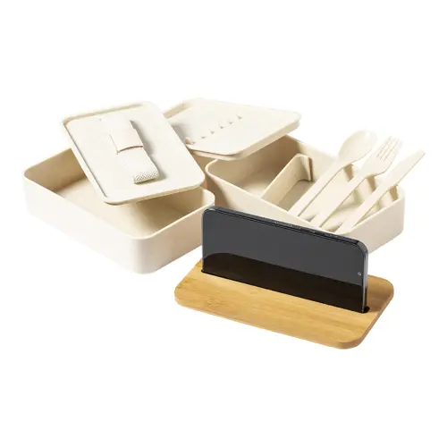 Porta pranzo a 2 scomparti da 700ml in plastica PP con set di posate coperchio in bambù e portacellulare