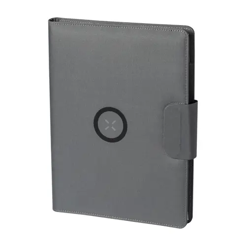 Cartella portadocumenti in RPET con block note A4 da 20 fogli a righe e caricabatterie rapido magnetico wireless 10W