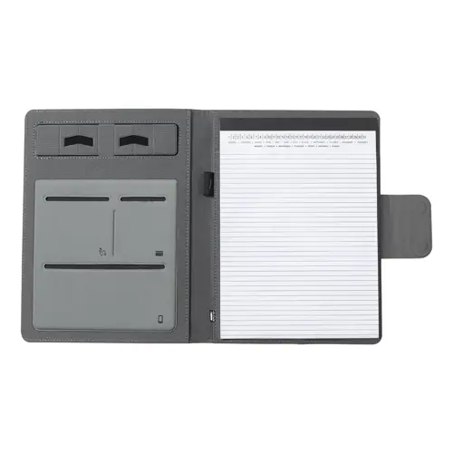 Cartella portadocumenti in RPET con block note A4 da 20 fogli a righe e caricabatterie rapido magnetico wireless 10W