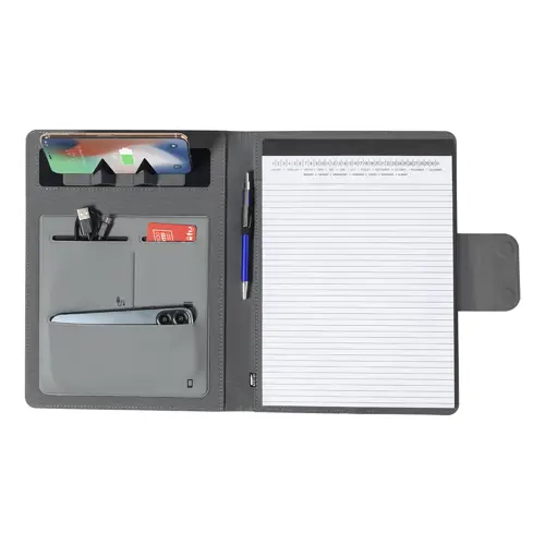Cartella portadocumenti in RPET con block note A4 da 20 fogli a righe e caricabatterie rapido magnetico wireless 10W