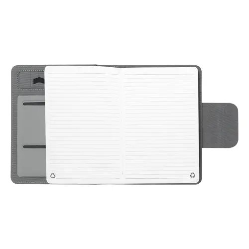 Cartella portadocumenti in RPET con block note A5 da 65 fogli a righe e caricabatterie rapido magnetico wireless 10W