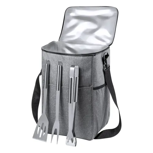 Borsa termica in RPET con set barbecue in acciaio inox 25×38×20cm