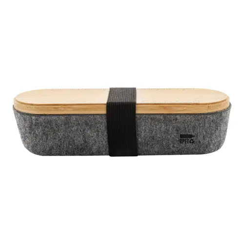 Astuccio in feltro RPET con coperchio in bambù completo di righello portacellulare ed elastico di chiusura