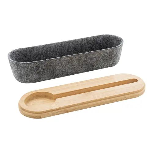 Astuccio in feltro RPET con coperchio in bambù completo di righello portacellulare ed elastico di chiusura