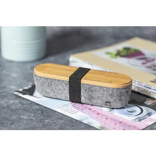 Astuccio in feltro RPET con coperchio in bambù completo di righello portacellulare ed elastico di chiusura