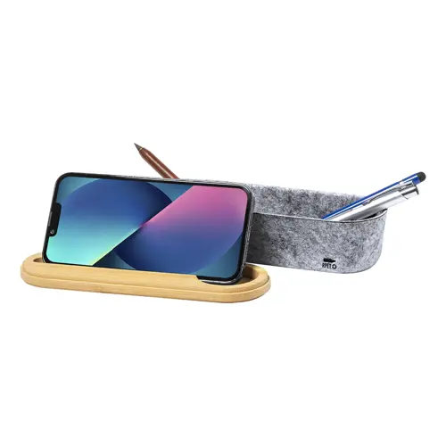 Astuccio in feltro RPET con coperchio in bambù completo di righello portacellulare ed elastico di chiusura