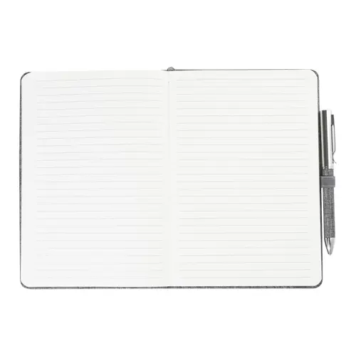 Set block note A5 in RPET fogli a righe elastico in gomma penna a sfera in metallo con rivestimento in poliestere RPET e refill blu in scatola regalo