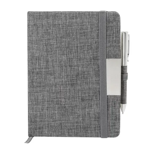 Set block note A5 in RPET fogli a righe elastico in gomma penna a sfera in metallo con rivestimento in poliestere RPET e refill blu in scatola regalo