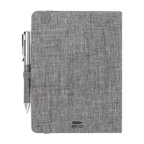 Set block note A5 in RPET fogli a righe elastico in gomma penna a sfera in metallo con rivestimento in poliestere RPET e refill blu in scatola regalo