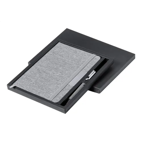 Set block note A5 in RPET fogli a righe elastico in gomma penna a sfera in metallo con rivestimento in poliestere RPET e refill blu in scatola regalo