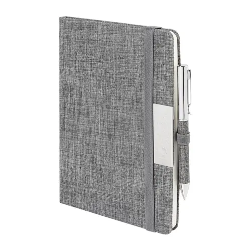Set block note A5 in RPET fogli a righe elastico in gomma penna a sfera in metallo con rivestimento in poliestere RPET e refill blu in scatola regalo
