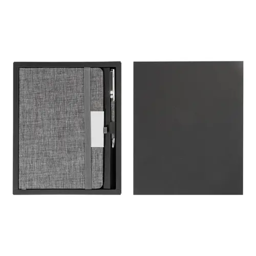 Set block note A5 in RPET fogli a righe elastico in gomma penna a sfera in metallo con rivestimento in poliestere RPET e refill blu in scatola regalo