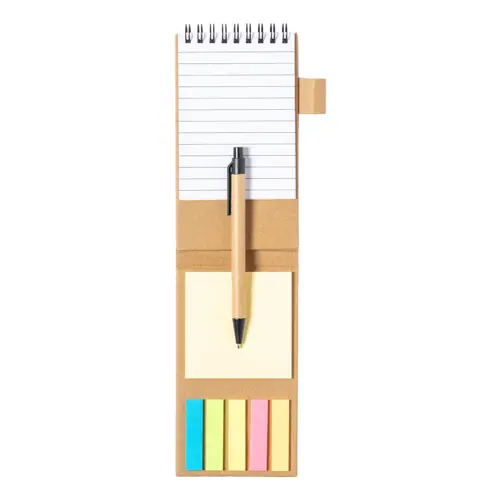 Block note pieghevole a spirale a righe e fogli adesivi con copertina in carta riciclata inclusa penna refill blu da 105×160×15mm