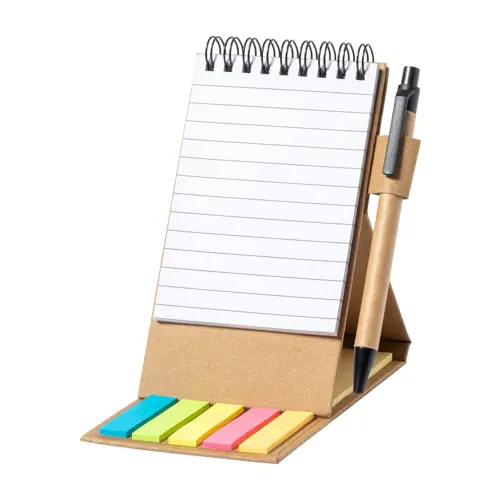 Block note pieghevole a spirale a righe e fogli adesivi con copertina in carta riciclata inclusa penna refill blu da 105×160×15mm