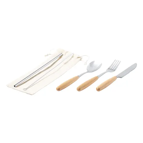 Set 5 posate inox con manico in legno con sacchetto in cotone