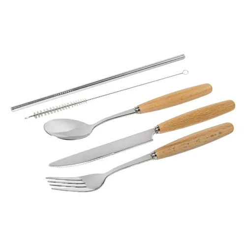 Set 5 posate inox con manico in legno con sacchetto in cotone