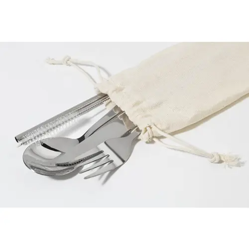 Set 5 posate inox con manico in legno con sacchetto in cotone