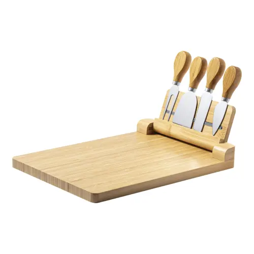 Tagliere in bambù con coltelli da formaggio inox su supporto magnetico pieghevole 300×40×214 mm